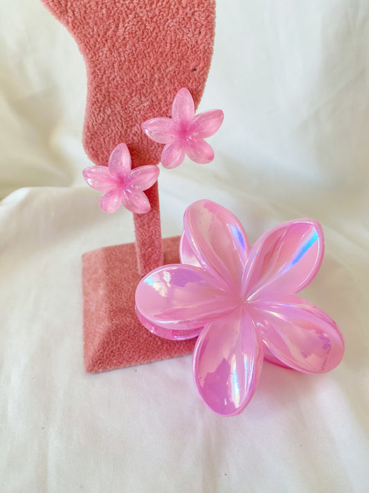 Combo orecchini + pinza fermacapelli “FLEUR” colore rosa scuro